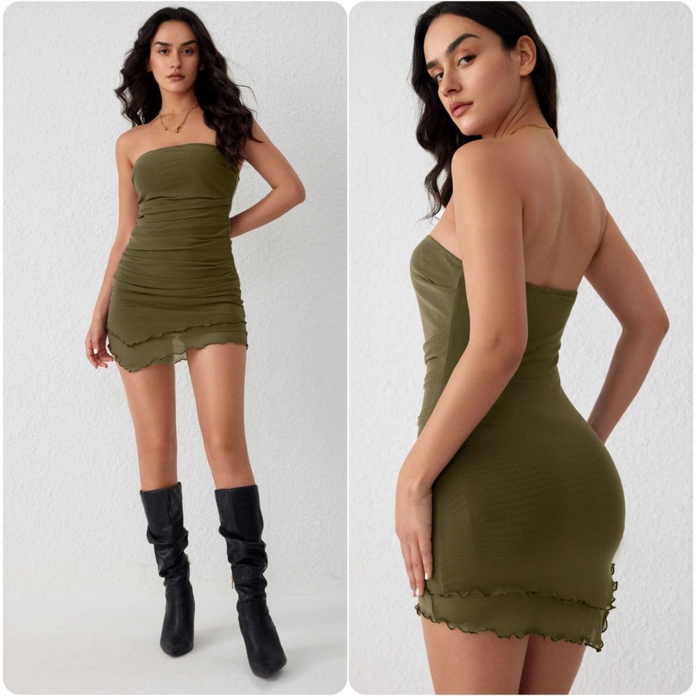 Cider Knit Ruched Strapless Tube Dress in Olive Green | XS